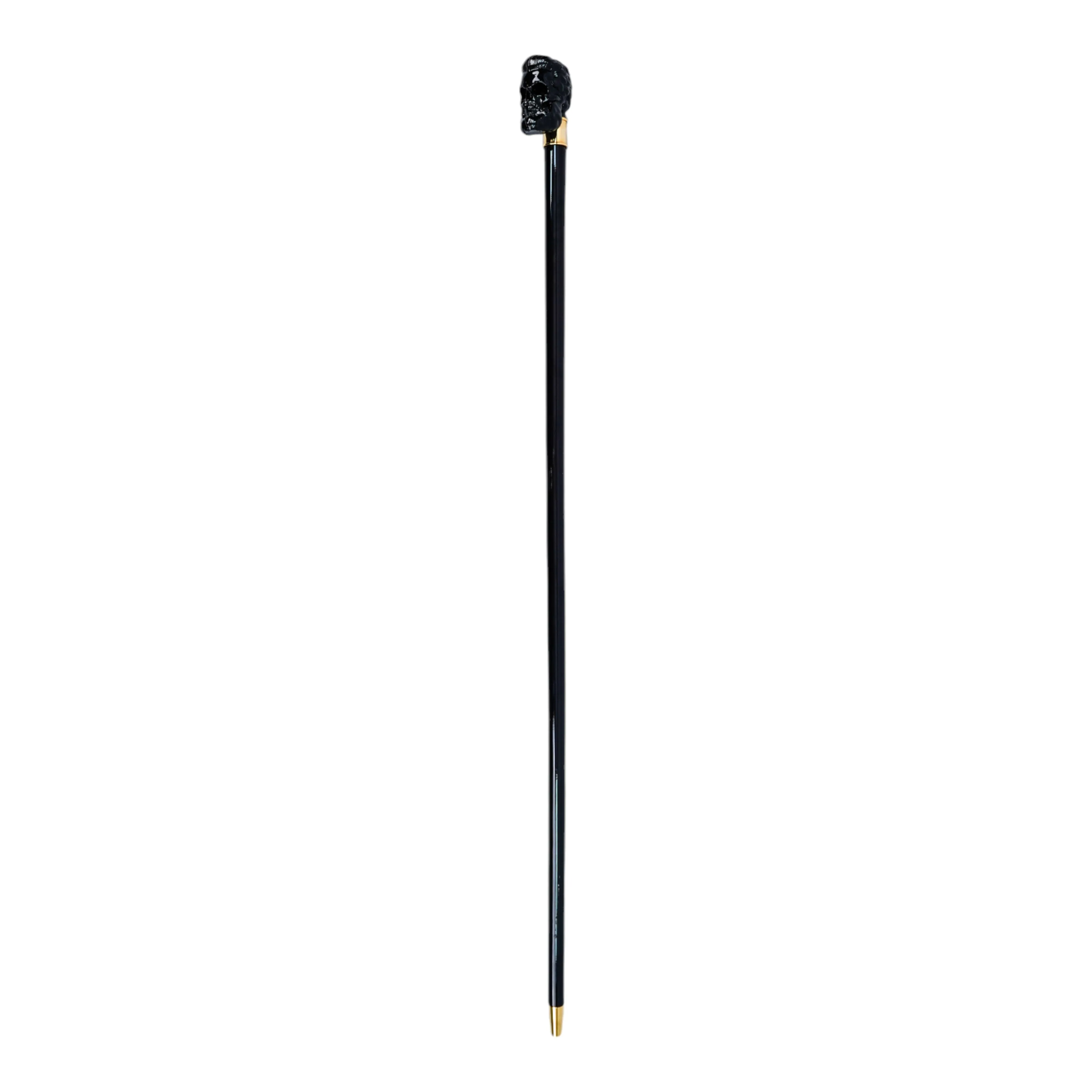 Elegant Cane with Sculpted Black Skull Handle and Gold Accents