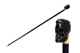 Elegant Cane with Sculpted Black Skull Handle and Gold Accents