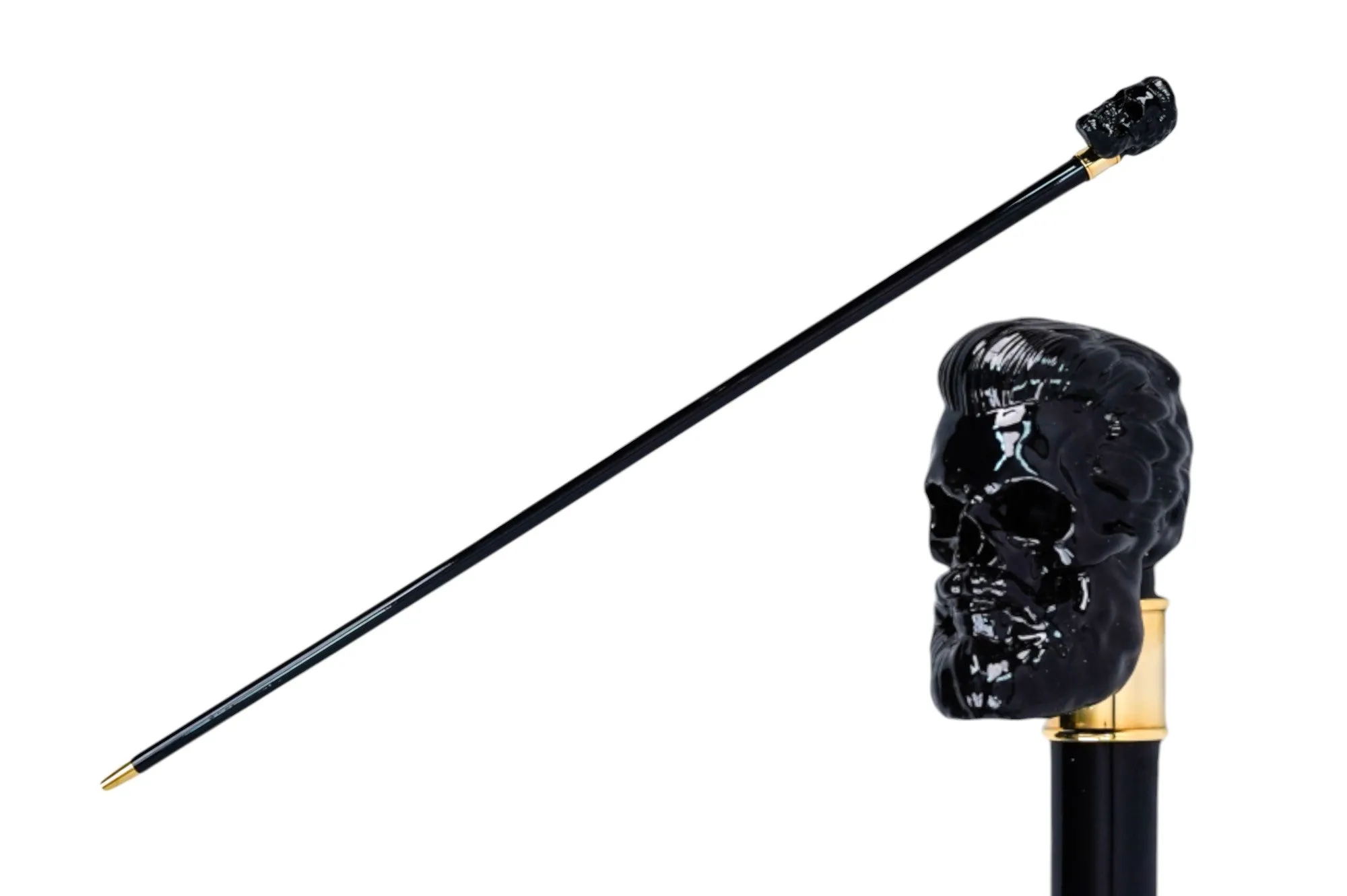 Elegant Cane with Sculpted Black Skull Handle and Gold Accents
