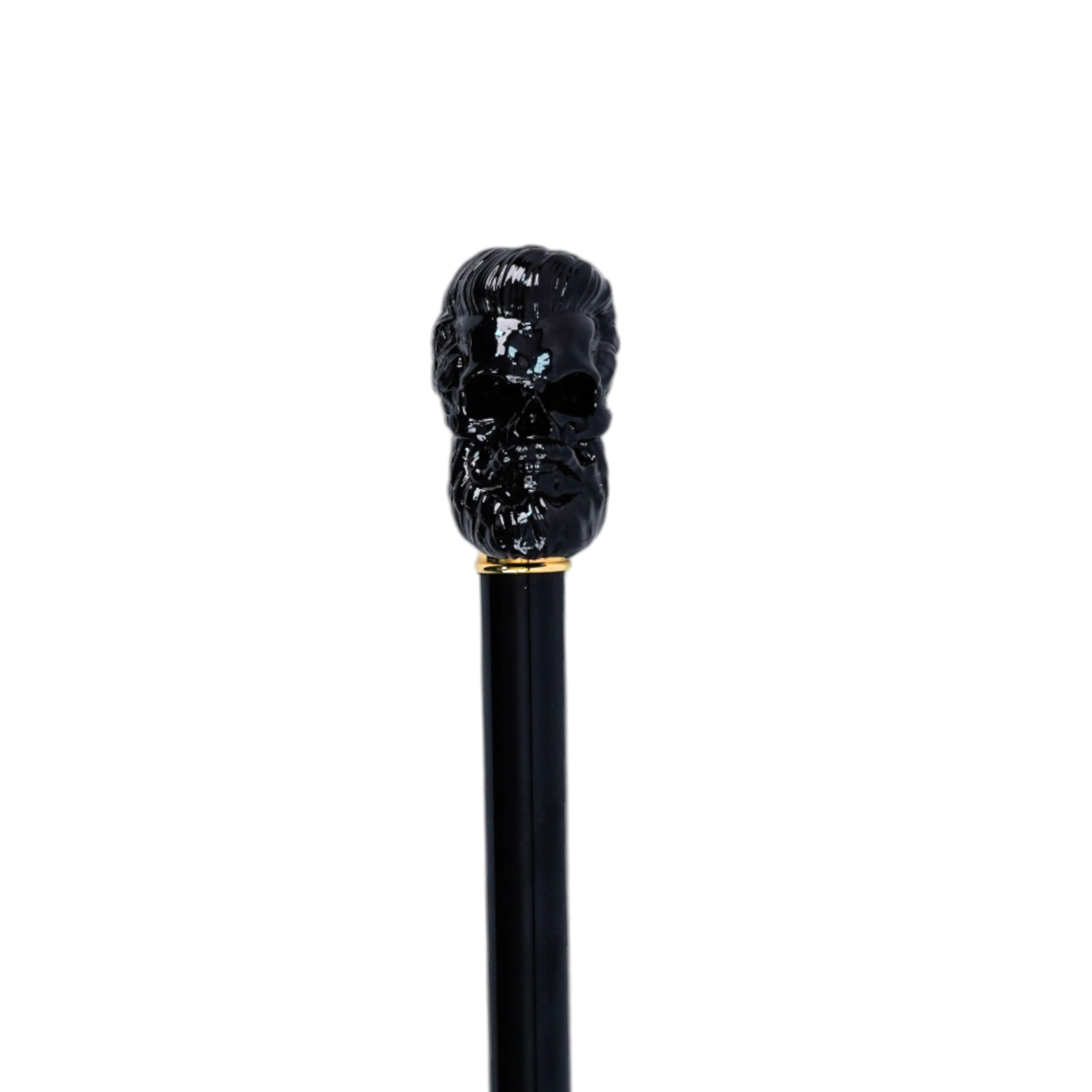 Elegant Cane with Sculpted Black Skull Handle and Gold Accents